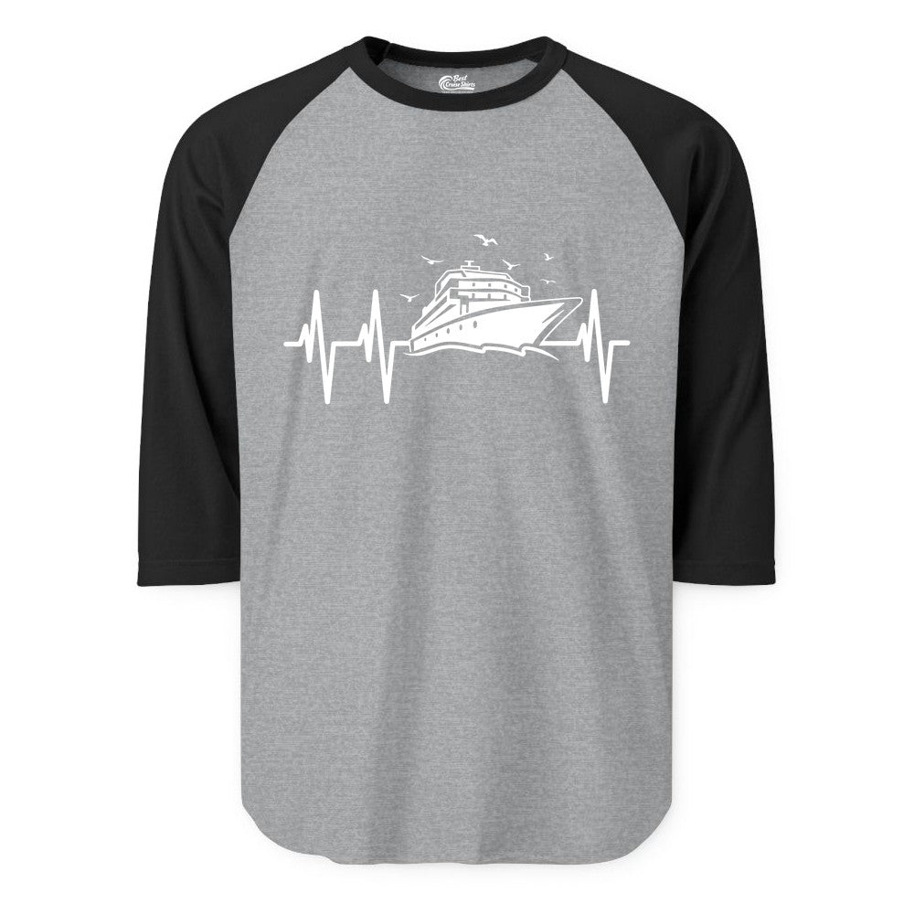 Cruise Heartbeat Shirt - Nautical Cruise Lover Gift Vacation Apparel (Raglan) in Heather GreyBlack - Cruise Heartbeat Shirt - Nautical Cruise Ship Outline With Seagulls Design