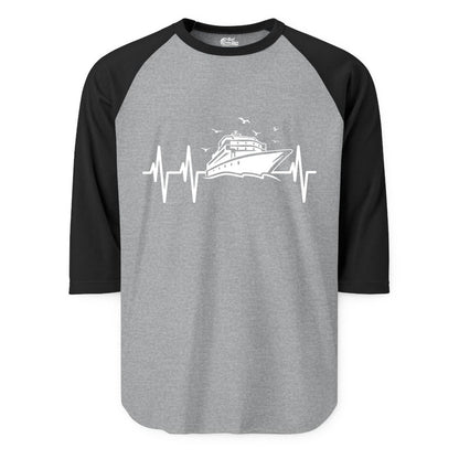 Cruise Heartbeat Shirt - Nautical Cruise Lover Gift Vacation Apparel (Raglan) in Heather GreyBlack - Cruise Heartbeat Shirt - Nautical Cruise Ship Outline With Seagulls Design