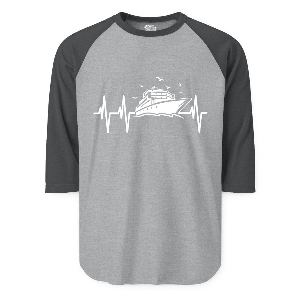 Cruise Heartbeat Shirt - Nautical Cruise Lover Gift Vacation Apparel (Raglan) in Heather GreyHeather Charcoal - Cruise Heartbeat Shirt - Nautical Cruise Ship Outline With Seagulls Design