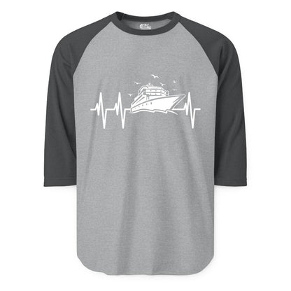 Cruise Heartbeat Shirt - Nautical Cruise Lover Gift Vacation Apparel (Raglan) in Heather GreyHeather Charcoal - Cruise Heartbeat Shirt - Nautical Cruise Ship Outline With Seagulls Design