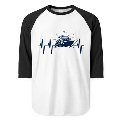 Cruise Heartbeat Shirt - Nautical Cruise Lover Gift Vacation Apparel (Raglan) in WhiteBlack - Cruise Heartbeat Shirt - Nautical Cruise Ship Outline With Seagulls Design