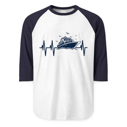 Cruise Heartbeat Shirt - Nautical Cruise Lover Gift Vacation Apparel (Raglan) in WhiteNavy - Cruise Heartbeat Shirt - Nautical Cruise Ship Outline With Seagulls Design