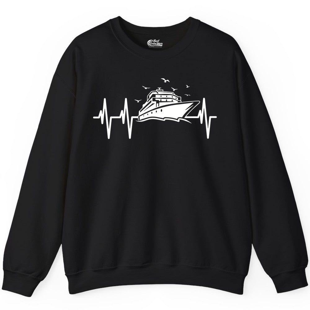 Cruise Heartbeat Shirt - Nautical Cruise Lover Gift Vacation Apparel (Sweatshirt) in Black - Cruise Heartbeat Shirt - Nautical Cruise Ship Outline With Seagulls Design