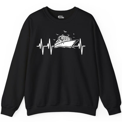 Cruise Heartbeat Shirt - Nautical Cruise Lover Gift Vacation Apparel (Sweatshirt) in Black - Cruise Heartbeat Shirt - Nautical Cruise Ship Outline With Seagulls Design