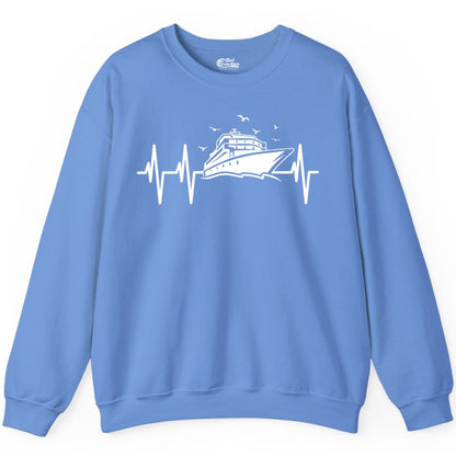 Cruise Heartbeat Shirt - Nautical Cruise Lover Gift Vacation Apparel (Sweatshirt) in Carolina Blue - Cruise Heartbeat Shirt - Nautical Cruise Ship Outline With Seagulls Design