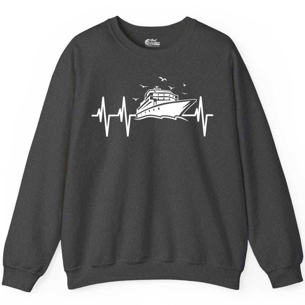 Cruise Heartbeat Shirt - Nautical Cruise Lover Gift Vacation Apparel (Sweatshirt) in Dark Heather - Cruise Heartbeat Shirt - Nautical Cruise Ship Outline With Seagulls Design