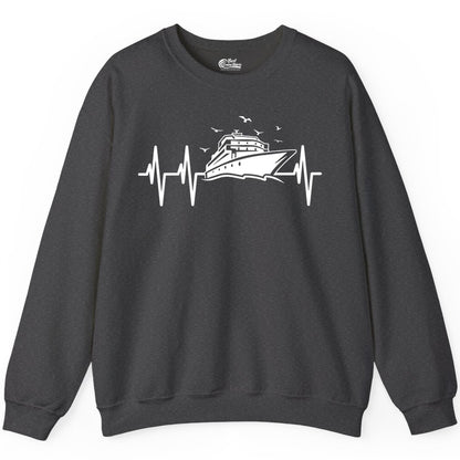 Cruise Heartbeat Shirt - Nautical Cruise Lover Gift Vacation Apparel (Sweatshirt) in Dark Heather - Cruise Heartbeat Shirt - Nautical Cruise Ship Outline With Seagulls Design
