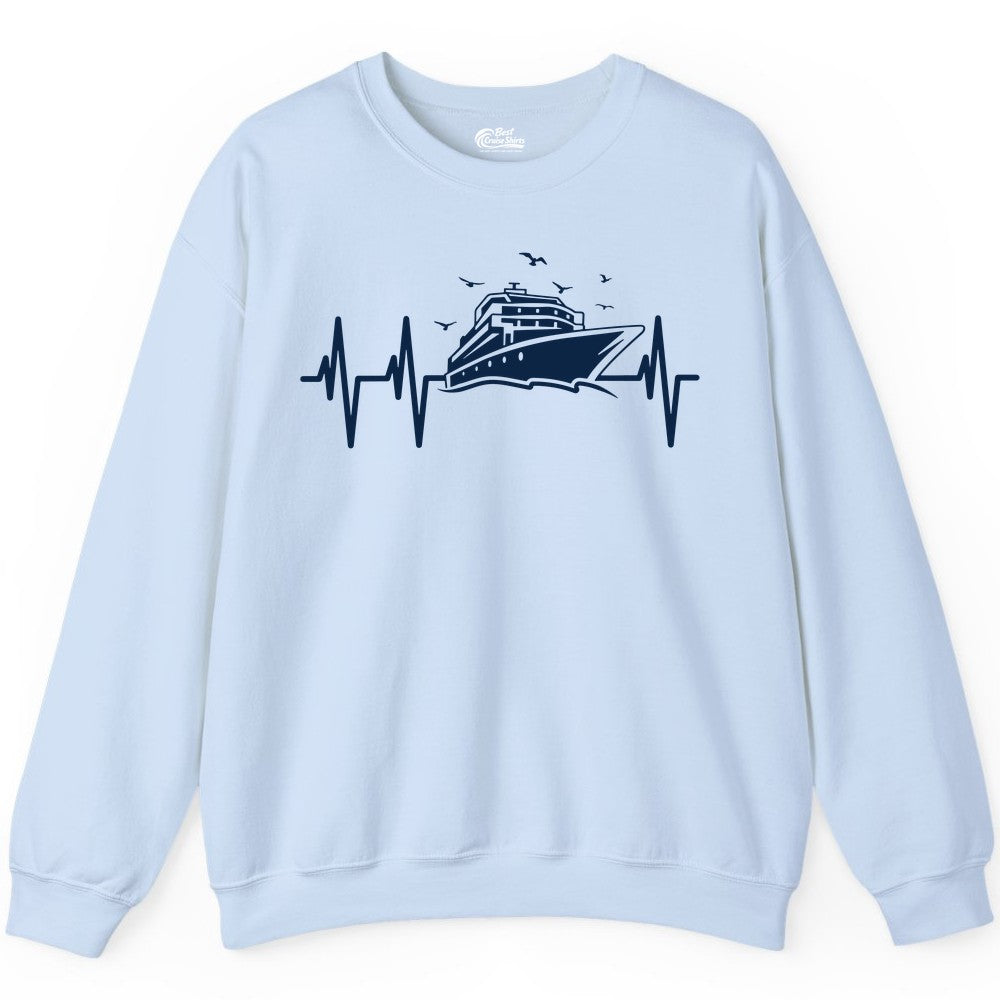 Cruise Heartbeat Shirt - Nautical Cruise Lover Gift Vacation Apparel (Sweatshirt) in Light Blue - Cruise Heartbeat Shirt - Nautical Cruise Ship Outline With Seagulls Design