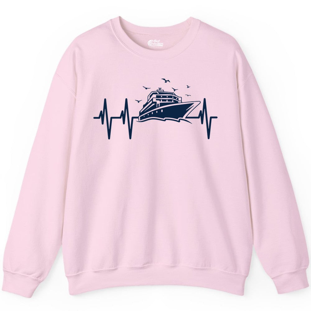 Cruise Heartbeat Shirt - Nautical Cruise Lover Gift Vacation Apparel (Sweatshirt) in Light Pink - Cruise Heartbeat Shirt - Nautical Cruise Ship Outline With Seagulls Design