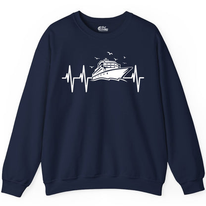 Cruise Heartbeat Shirt - Nautical Cruise Lover Gift Vacation Apparel (Sweatshirt) in Navy - Cruise Heartbeat Shirt - Nautical Cruise Ship Outline With Seagulls Design