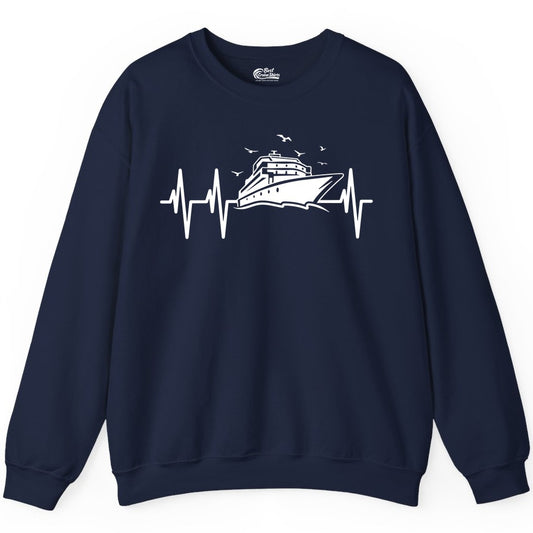 Cruise Heartbeat Shirt - Nautical Cruise Lover Gift Vacation Apparel (Sweatshirt) in Navy - Cruise Heartbeat Shirt - Nautical Cruise Ship Outline With Seagulls Design