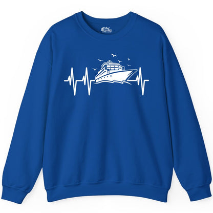 Cruise Heartbeat Shirt - Nautical Cruise Lover Gift Vacation Apparel (Sweatshirt) in Royal - Cruise Heartbeat Shirt - Nautical Cruise Ship Outline With Seagulls Design