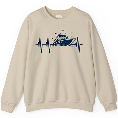 Cruise Heartbeat Shirt - Nautical Cruise Lover Gift Vacation Apparel (Sweatshirt) in Sand - Cruise Heartbeat Shirt - Nautical Cruise Ship Outline With Seagulls Design