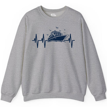 Cruise Heartbeat Shirt - Nautical Cruise Lover Gift Vacation Apparel (Sweatshirt) in Sport Grey - Cruise Heartbeat Shirt - Nautical Cruise Ship Outline With Seagulls Design