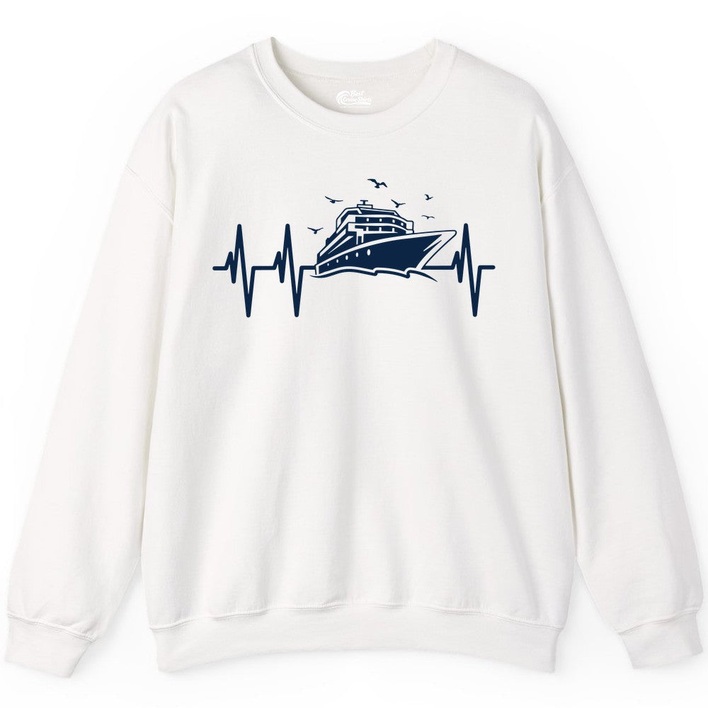 Cruise Heartbeat Shirt - Nautical Cruise Lover Gift Vacation Apparel (Sweatshirt) in White - Cruise Heartbeat Shirt - Nautical Cruise Ship Outline With Seagulls Design
