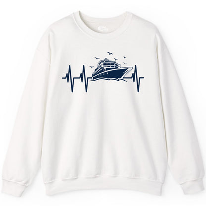 Cruise Heartbeat Shirt - Nautical Cruise Lover Gift Vacation Apparel (Sweatshirt) in White - Cruise Heartbeat Shirt - Nautical Cruise Ship Outline With Seagulls Design