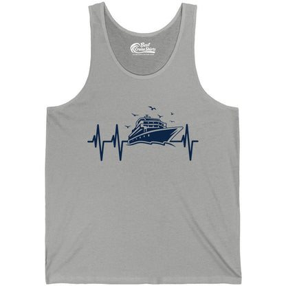 Cruise Heartbeat Shirt - Nautical Cruise Lover Gift Vacation Apparel (Tank Top) in Athletic Heather - Cruise Heartbeat Shirt - Nautical Cruise Ship Outline With Seagulls Design