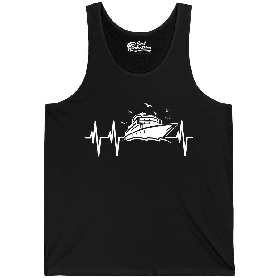 Cruise Heartbeat Shirt - Nautical Cruise Lover Gift Vacation Apparel (Tank Top) in Black - Cruise Heartbeat Shirt - Nautical Cruise Ship Outline With Seagulls Design