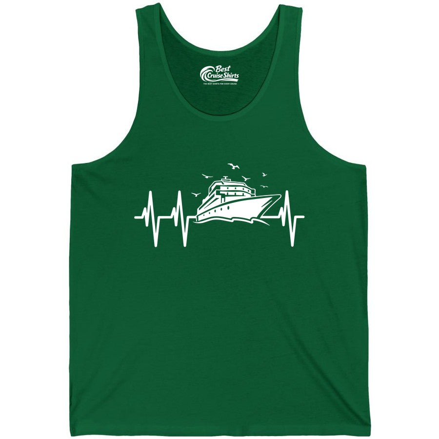 Cruise Heartbeat Shirt - Nautical Cruise Lover Gift Vacation Apparel (Tank Top) in Kelly - Cruise Heartbeat Shirt - Nautical Cruise Ship Outline With Seagulls Design