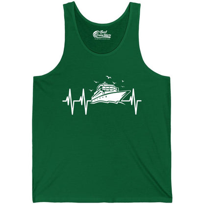 Cruise Heartbeat Shirt - Nautical Cruise Lover Gift Vacation Apparel (Tank Top) in Kelly - Cruise Heartbeat Shirt - Nautical Cruise Ship Outline With Seagulls Design