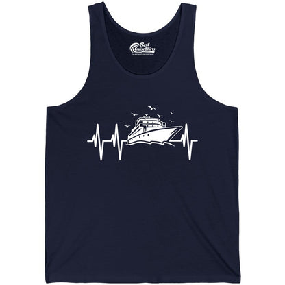 Cruise Heartbeat Shirt - Nautical Cruise Lover Gift Vacation Apparel (Tank Top) in Navy - Cruise Heartbeat Shirt - Nautical Cruise Ship Outline With Seagulls Design