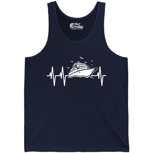 Cruise Heartbeat Shirt - Nautical Cruise Lover Gift Vacation Apparel (Tank Top) in Navy - Cruise Heartbeat Shirt - Nautical Cruise Ship Outline With Seagulls Design