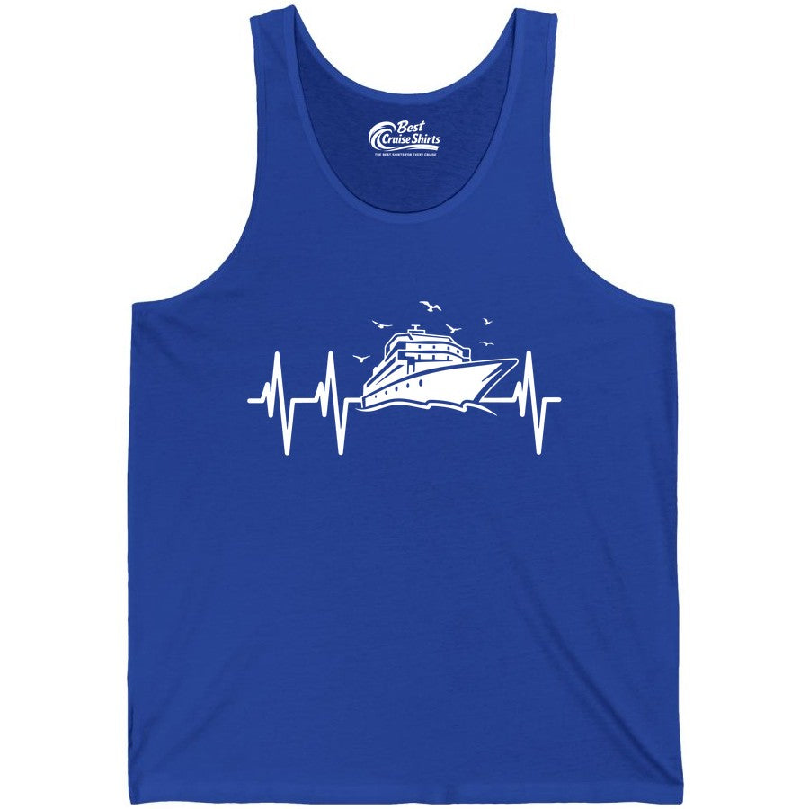 Cruise Heartbeat Shirt - Nautical Cruise Lover Gift Vacation Apparel (Tank Top) in True Royal - Cruise Heartbeat Shirt - Nautical Cruise Ship Outline With Seagulls Design