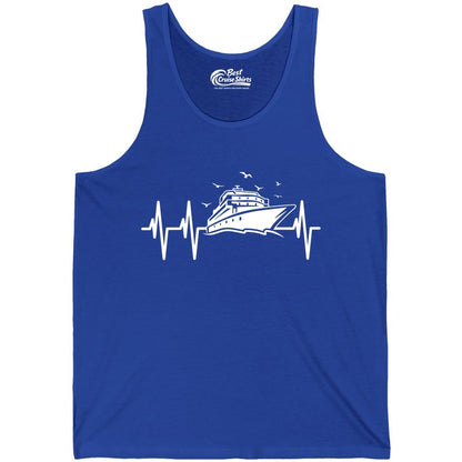 Cruise Heartbeat Shirt - Nautical Cruise Lover Gift Vacation Apparel (Tank Top) in True Royal - Cruise Heartbeat Shirt - Nautical Cruise Ship Outline With Seagulls Design
