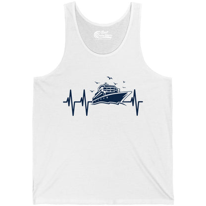 Cruise Heartbeat Shirt - Nautical Cruise Lover Gift Vacation Apparel (Tank Top) in White - Cruise Heartbeat Shirt - Nautical Cruise Ship Outline With Seagulls Design