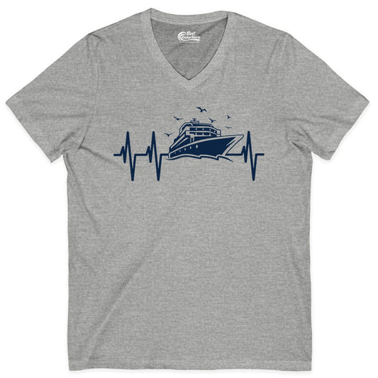 Cruise Heartbeat Shirt - Nautical Cruise Lover Gift Vacation Apparel (V-Neck) in Athletic Heather - Cruise Heartbeat Shirt - Nautical Cruise Ship Outline With Seagulls Design