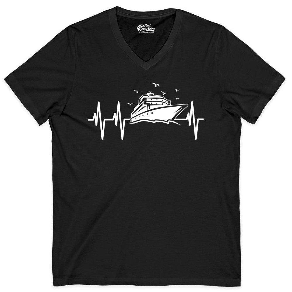 Cruise Heartbeat Shirt - Nautical Cruise Lover Gift Vacation Apparel (V-Neck) in Black - Cruise Heartbeat Shirt - Nautical Cruise Ship Outline With Seagulls Design