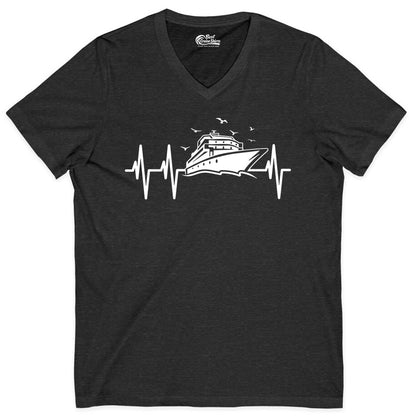 Cruise Heartbeat Shirt - Nautical Cruise Lover Gift Vacation Apparel (V-Neck) in Dark Grey Heather - Cruise Heartbeat Shirt - Nautical Cruise Ship Outline With Seagulls Design