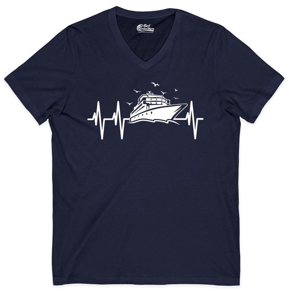 Cruise Heartbeat Shirt - Nautical Cruise Lover Gift Vacation Apparel (V-Neck) in Navy - Cruise Heartbeat Shirt - Nautical Cruise Ship Outline With Seagulls Design