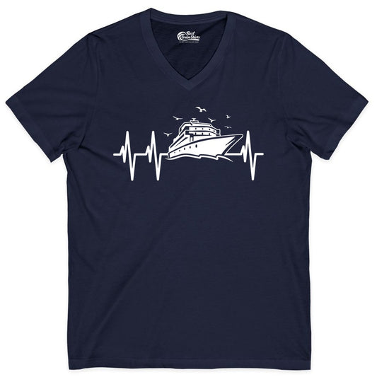 Cruise Heartbeat Shirt - Nautical Cruise Lover Gift Vacation Apparel (V-Neck) in Navy - Cruise Heartbeat Shirt - Nautical Cruise Ship Outline With Seagulls Design
