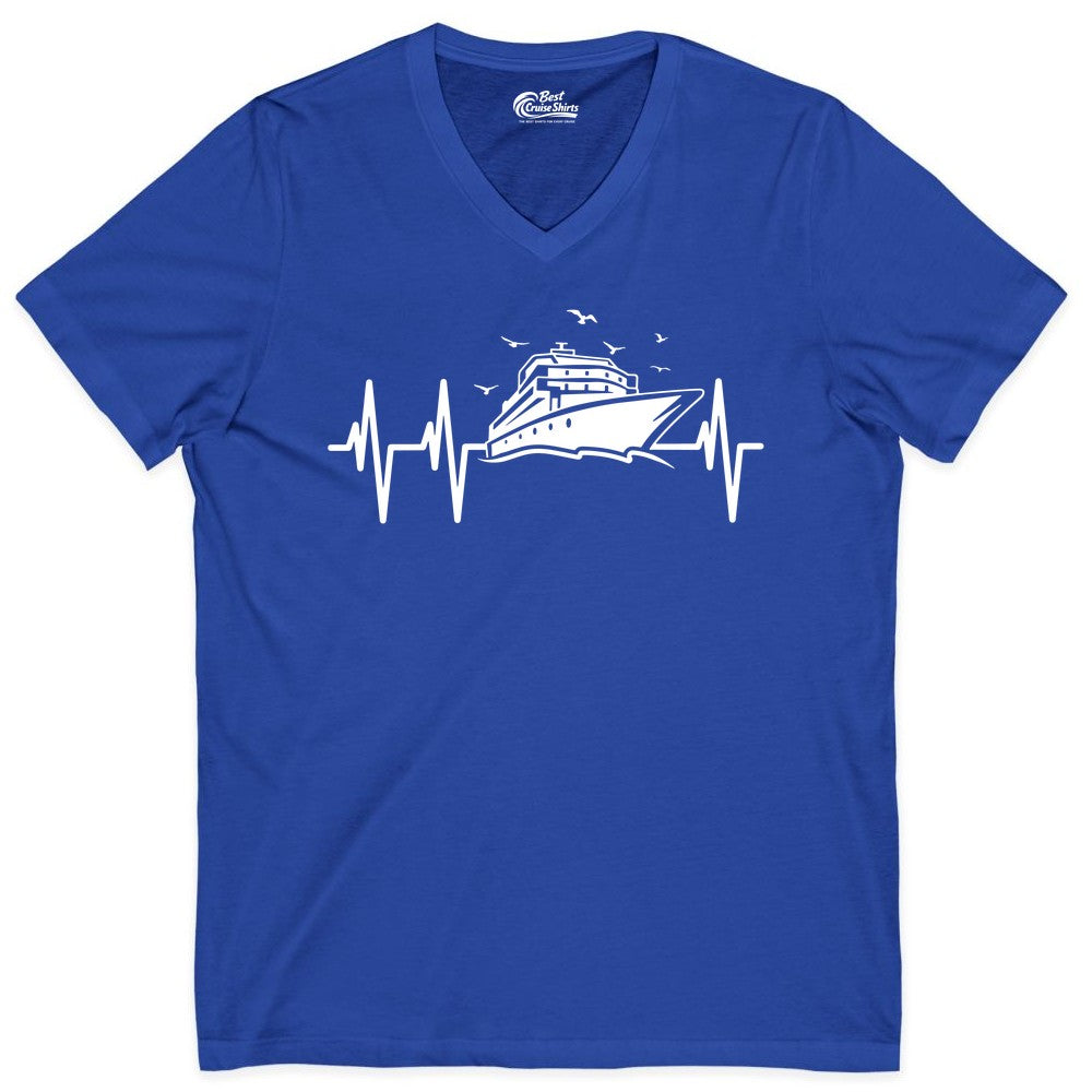 Cruise Heartbeat Shirt - Nautical Cruise Lover Gift Vacation Apparel (V-Neck) in True Royal - Cruise Heartbeat Shirt - Nautical Cruise Ship Outline With Seagulls Design