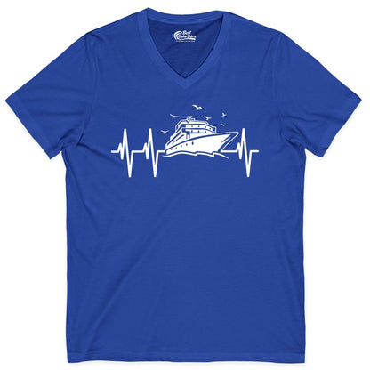 Cruise Heartbeat Shirt - Nautical Cruise Lover Gift Vacation Apparel (V-Neck) in True Royal - Cruise Heartbeat Shirt - Nautical Cruise Ship Outline With Seagulls Design