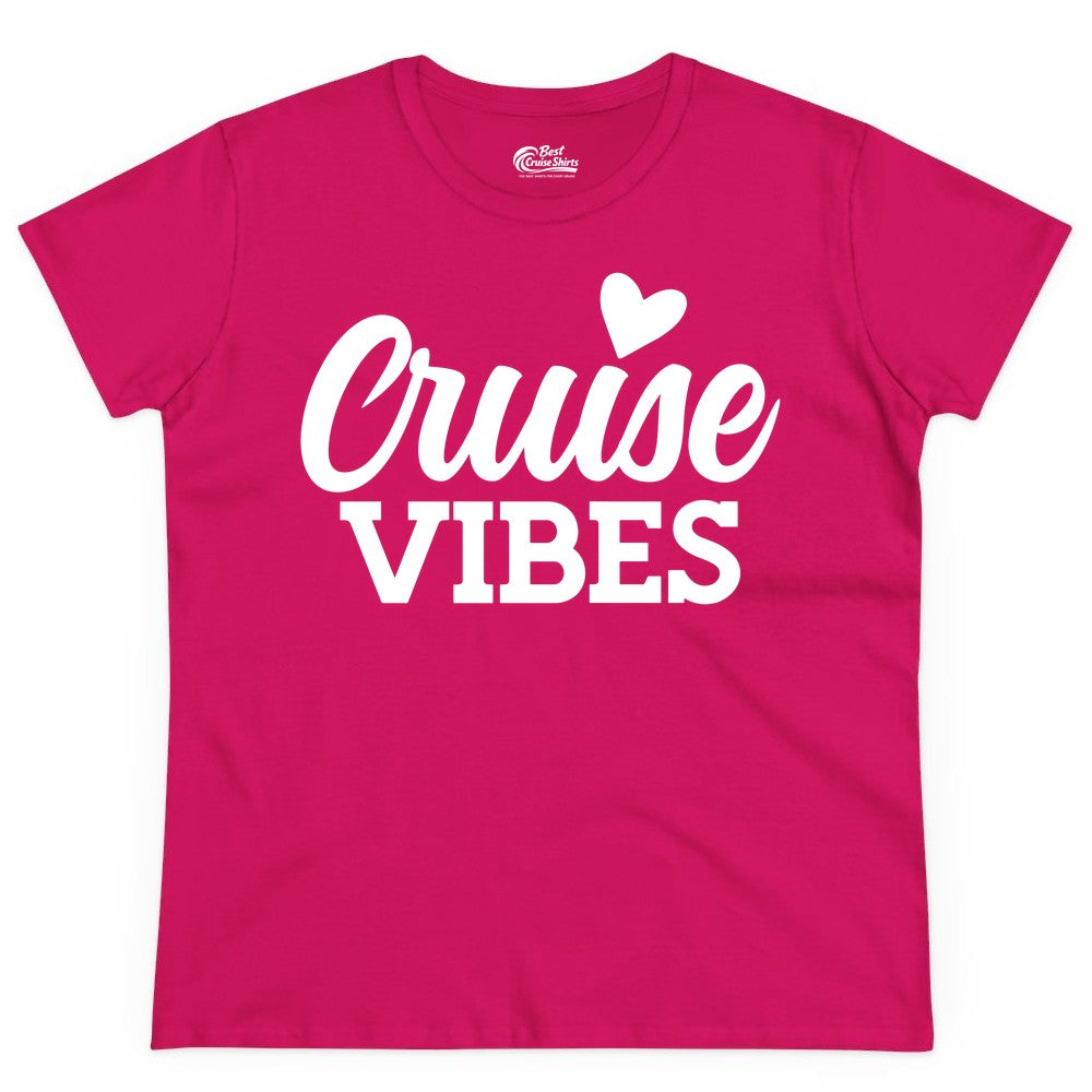 Cruise Vibes Shirt - Fun Cruise Vacation Apparel with Heart Design (Ladies Tee) in Heliconia - Cruise Vibes Shirt - Bold Script Font With Heart Motif Vacation Style