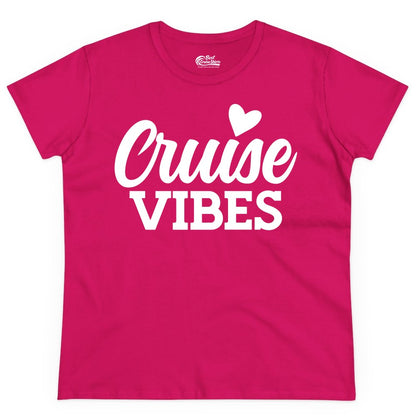 Cruise Vibes Shirt - Fun Cruise Vacation Apparel with Heart Design (Ladies Tee) in Heliconia - Cruise Vibes Shirt - Bold Script Font With Heart Motif Vacation Style