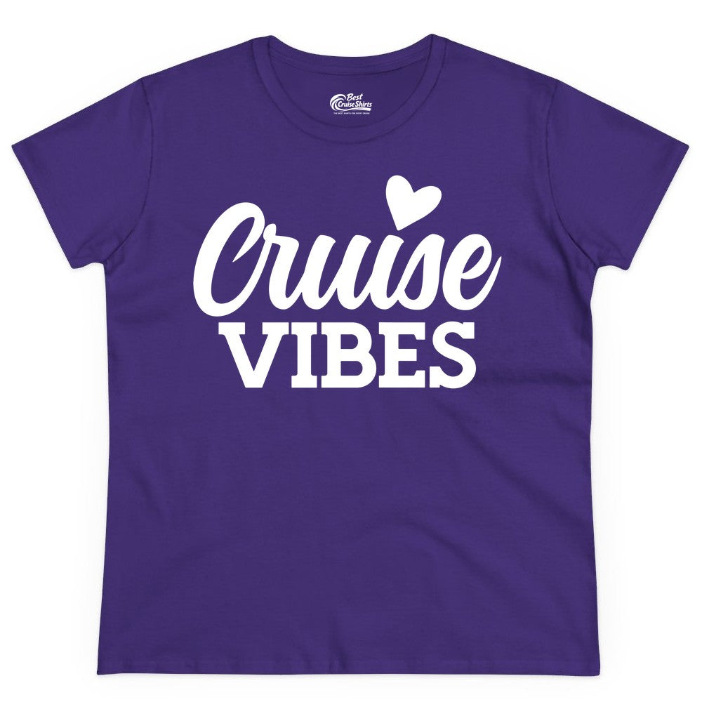 Cruise Vibes Shirt - Fun Cruise Vacation Apparel with Heart Design (Ladies Tee) in Purple - Cruise Vibes Shirt - Bold Script Font With Heart Motif Vacation Style
