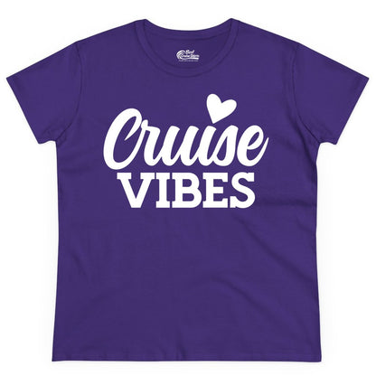 Cruise Vibes Shirt - Fun Cruise Vacation Apparel with Heart Design (Ladies Tee) in Purple - Cruise Vibes Shirt - Bold Script Font With Heart Motif Vacation Style