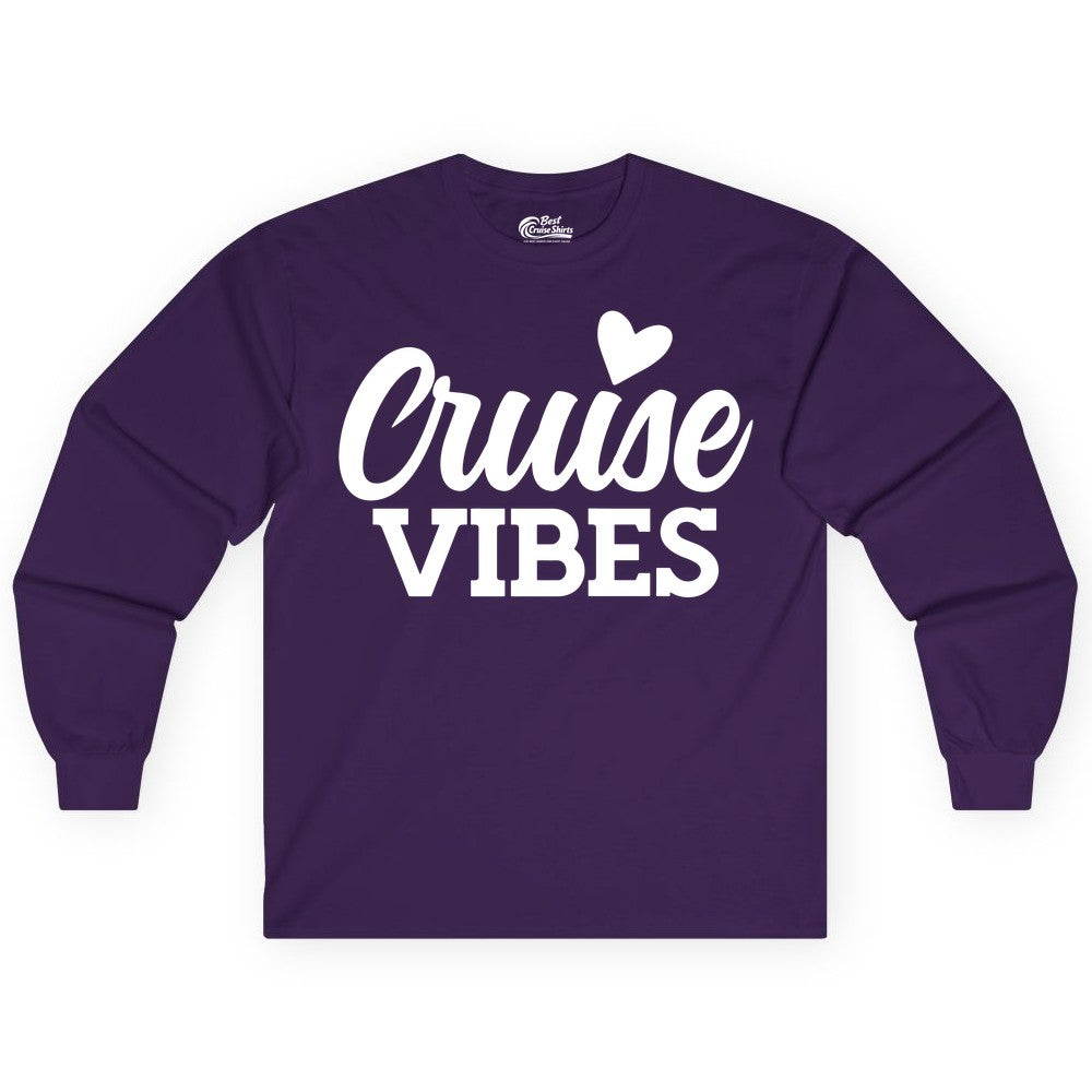 Cruise Vibes Shirt - Fun Cruise Vacation Apparel with Heart Design (Long Sleeve) in Purple - Cruise Vibes Shirt - Bold Script Font With Heart Motif Vacation Style