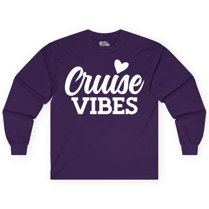 Cruise Vibes Shirt - Fun Cruise Vacation Apparel with Heart Design (Long Sleeve) in Purple - Cruise Vibes Shirt - Bold Script Font With Heart Motif Vacation Style