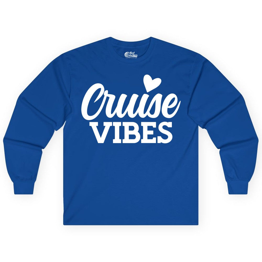 Cruise Vibes Shirt - Fun Cruise Vacation Apparel with Heart Design (Long Sleeve) in Royal - Cruise Vibes Shirt - Bold Script Font With Heart Motif Vacation Style