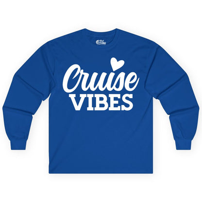 Cruise Vibes Shirt - Fun Cruise Vacation Apparel with Heart Design (Long Sleeve) in Royal - Cruise Vibes Shirt - Bold Script Font With Heart Motif Vacation Style