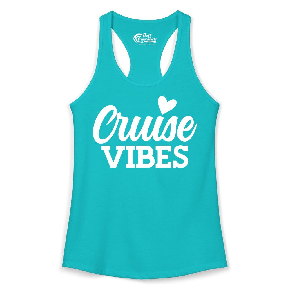 Cruise Vibes Shirt - Fun Cruise Vacation Apparel with Heart Design (Ladies Tank) in Tahiti Blue - Cruise Vibes Shirt - Bold Script Font With Heart Motif Vacation Style