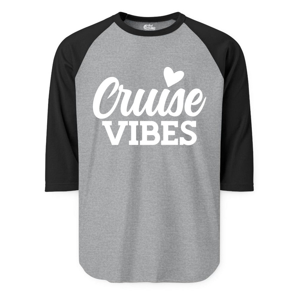 Cruise Vibes Shirt - Fun Cruise Vacation Apparel with Heart Design (Raglan) in Heather GreyBlack - Cruise Vibes Shirt - Bold Script Font With Heart Motif Vacation Style