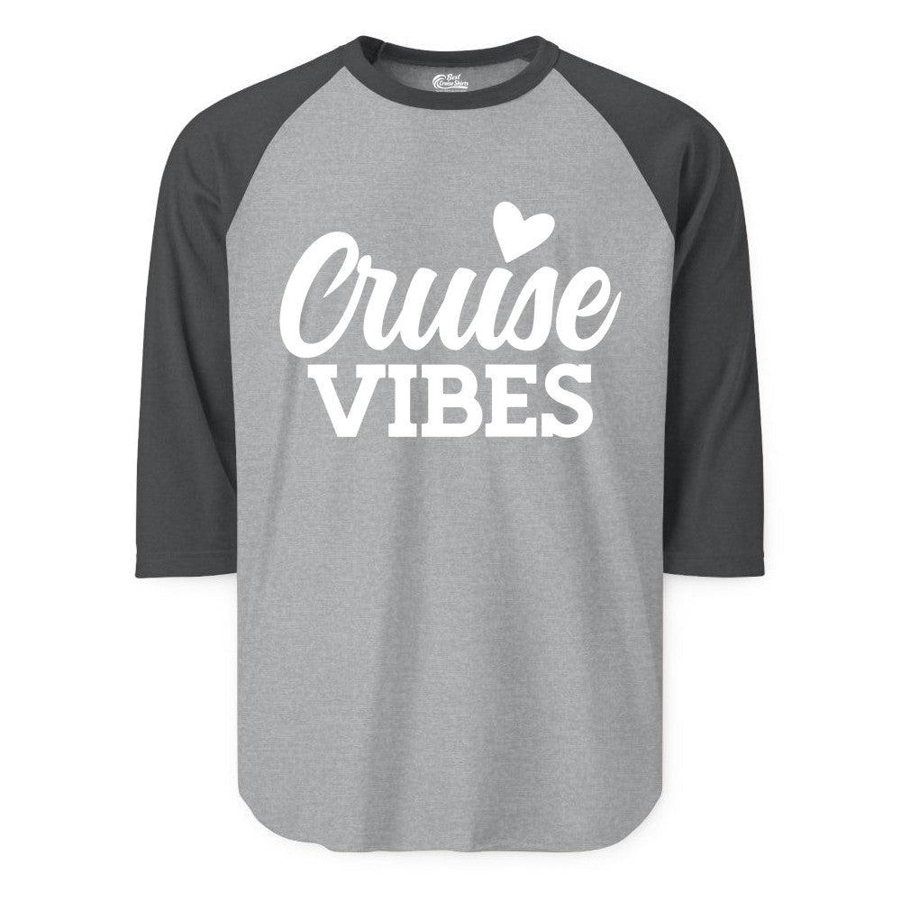Cruise Vibes Shirt - Fun Cruise Vacation Apparel with Heart Design (Raglan) in Heather GreyHeather Charcoal - Cruise Vibes Shirt - Bold Script Font With Heart Motif Vacation Style