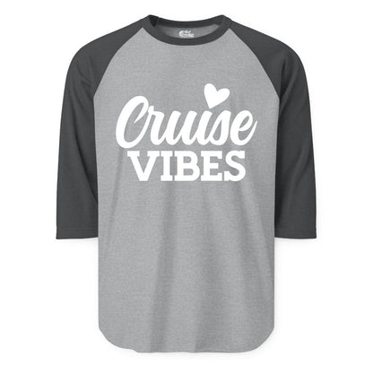 Cruise Vibes Shirt - Fun Cruise Vacation Apparel with Heart Design (Raglan) in Heather GreyHeather Charcoal - Cruise Vibes Shirt - Bold Script Font With Heart Motif Vacation Style