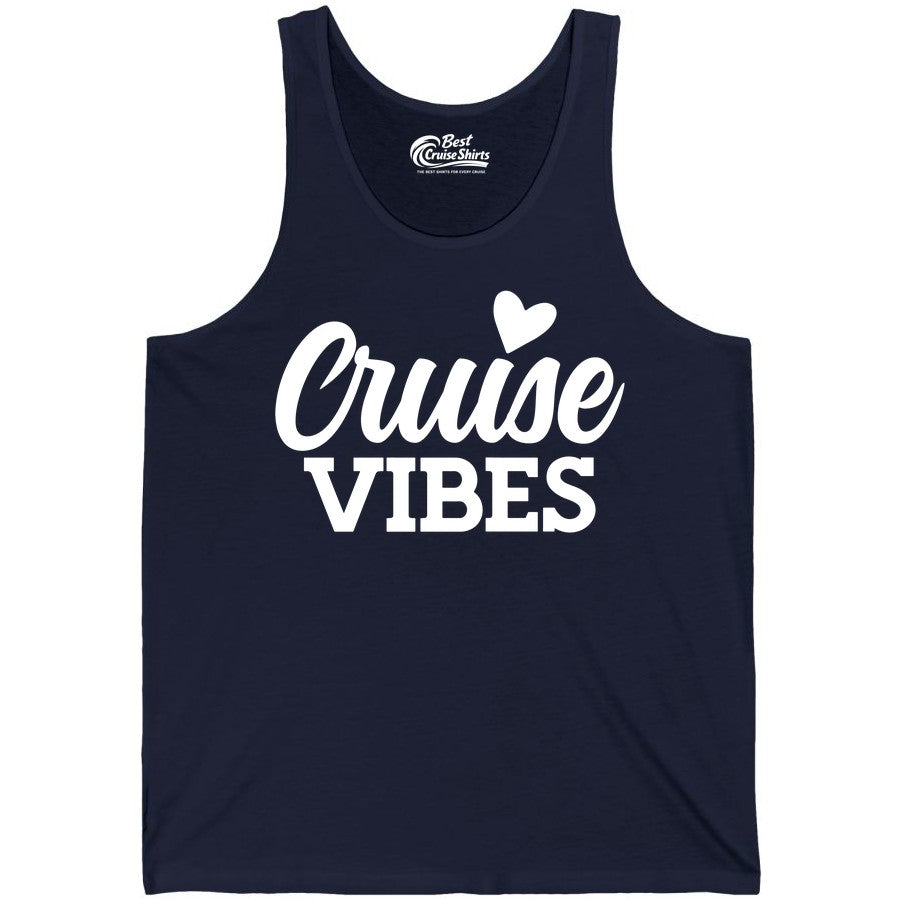 Cruise Vibes Shirt - Fun Cruise Vacation Apparel with Heart Design (Tank Top) in Navy - Cruise Vibes Shirt - Bold Script Font With Heart Motif Vacation Style