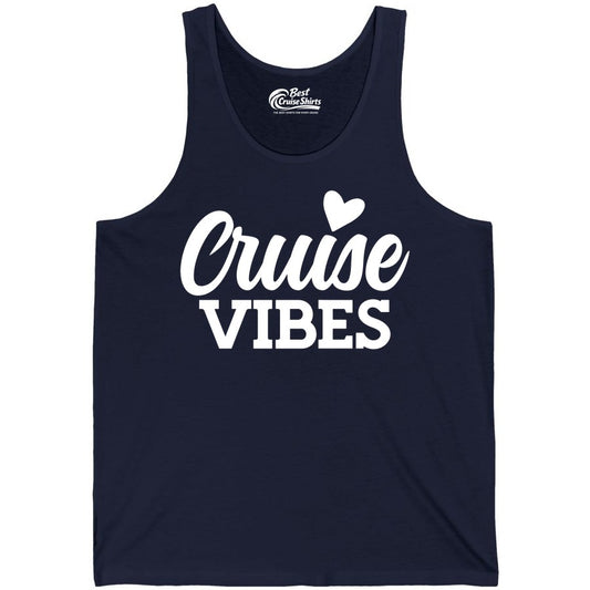 Cruise Vibes Shirt - Fun Cruise Vacation Apparel with Heart Design (Tank Top) in Navy - Cruise Vibes Shirt - Bold Script Font With Heart Motif Vacation Style